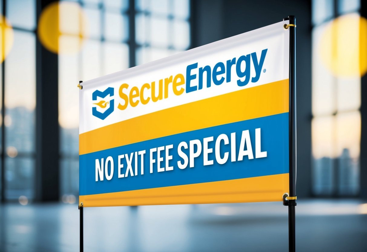 A bright, colorful banner featuring the SecureEnergy logo and the words "No Exit Fee Special" with promotional details displayed