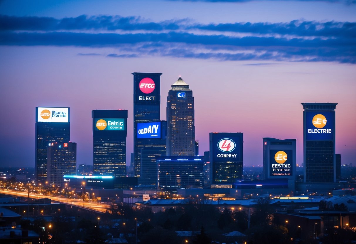 A brightly lit city skyline with various electric company logos displayed on billboards and buildings