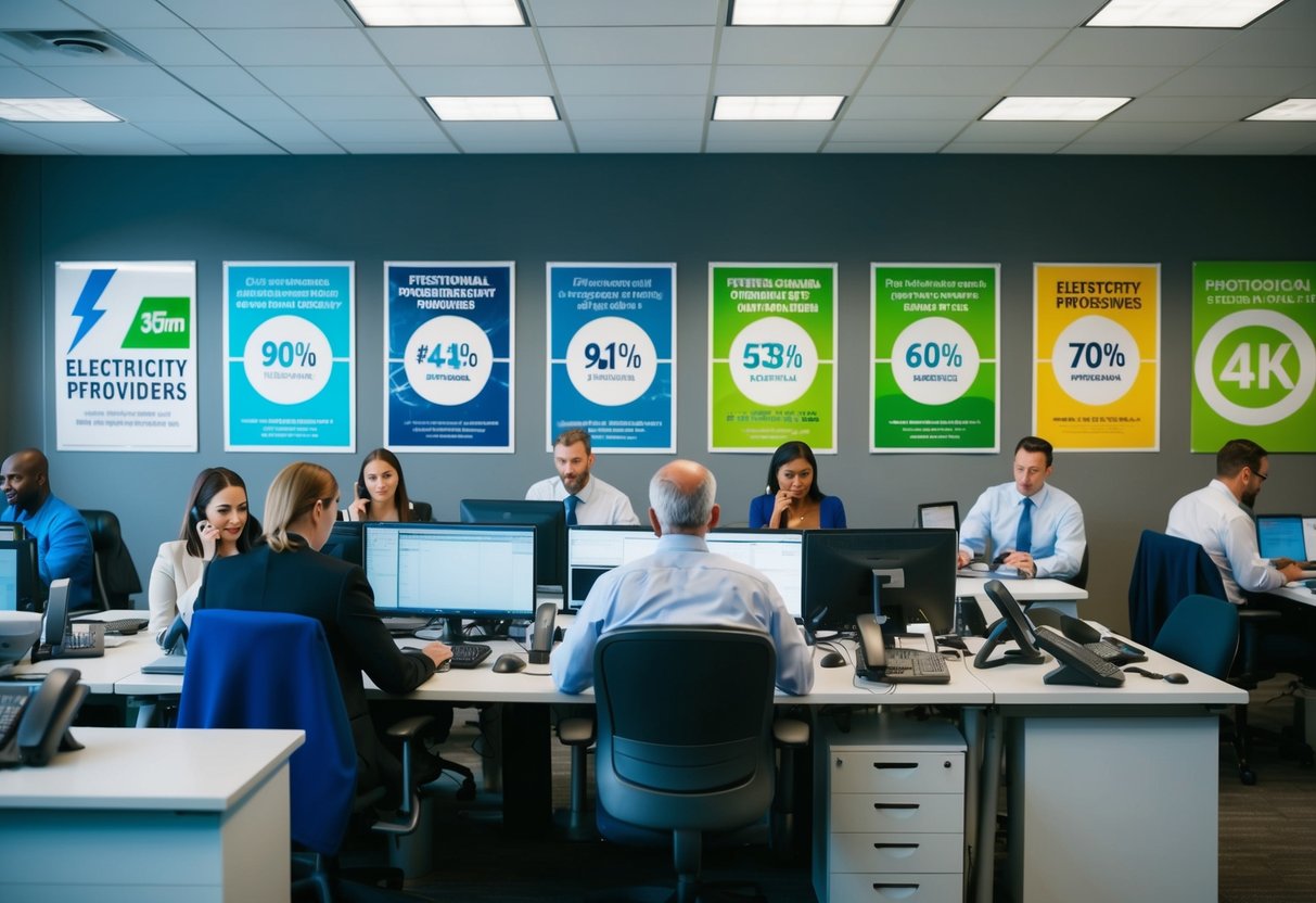 A bustling office with people at desks, phones ringing, and a wall covered in promotional posters for electricity providers