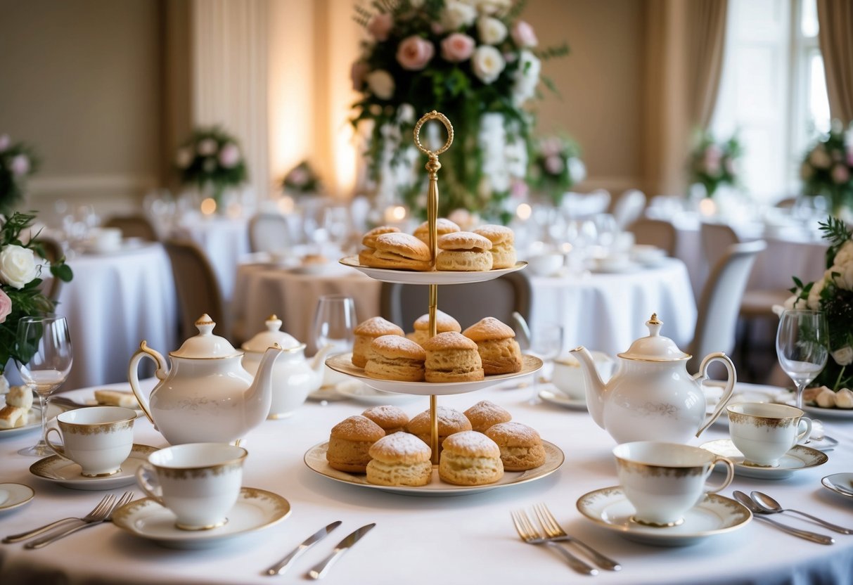 An elegant table set with fine china, teapots, and tiered trays of scones and pastries, surrounded by floral arrangements and soft lighting