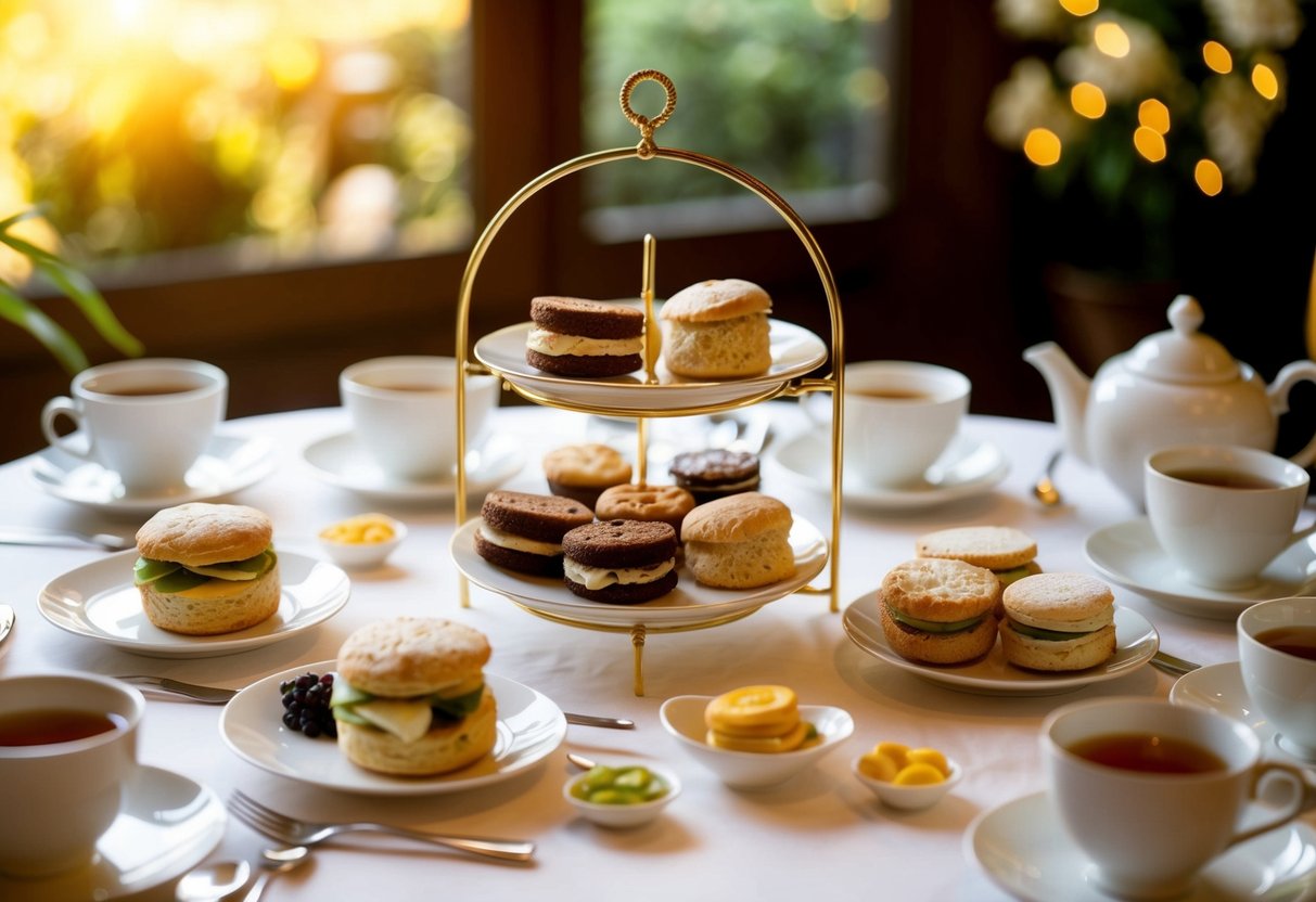 A table set with a variety of tea samplers, scones, and finger sandwiches at a high-end English tea promotion