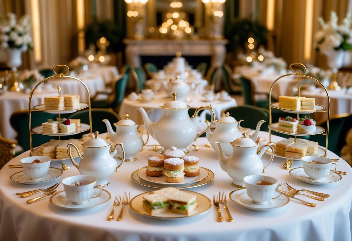 A grand table set with elegant teapots, dainty pastries, and tiered trays of sandwiches, all surrounded by opulent decor and luxurious ambiance