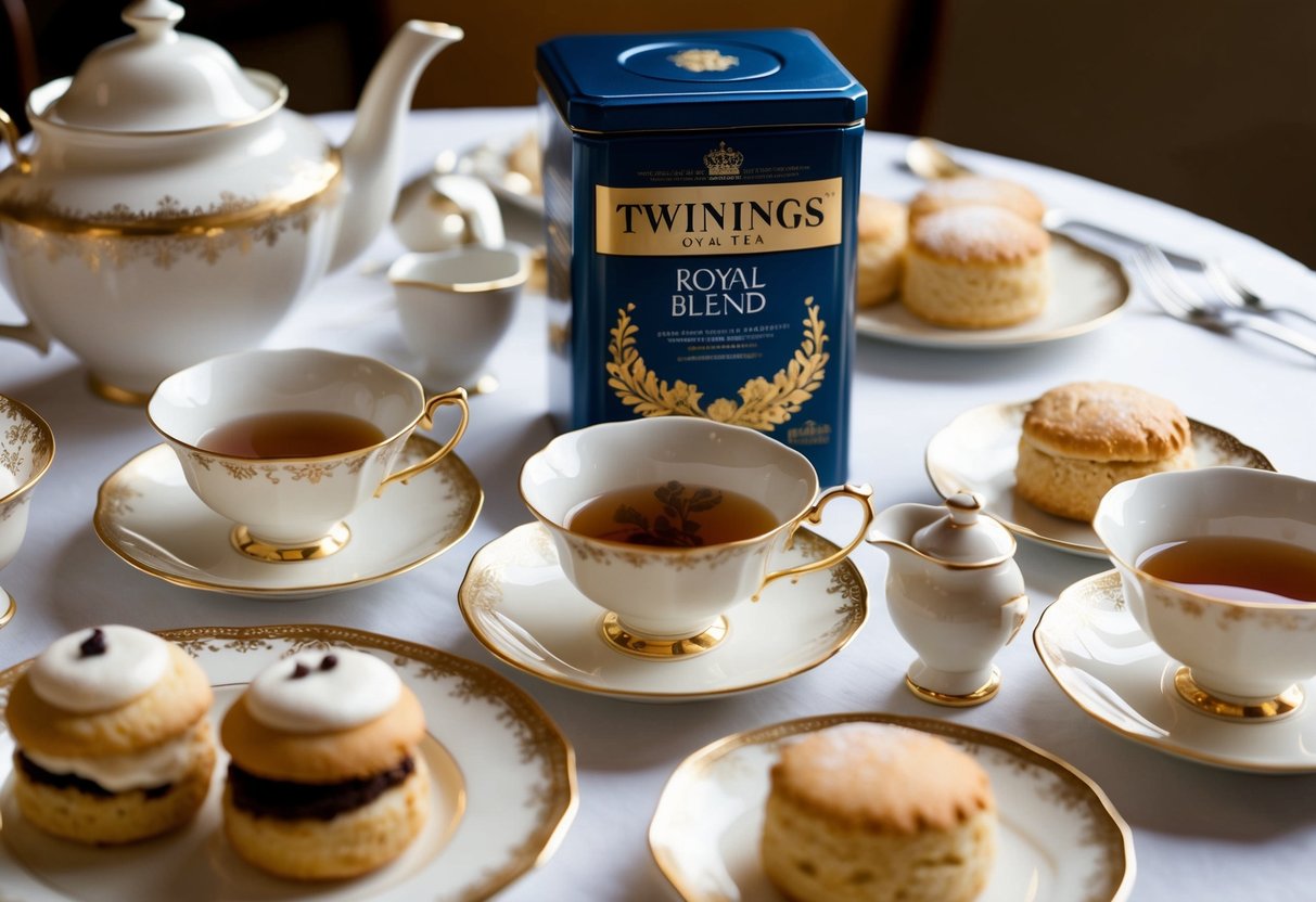 A table set with elegant teacups, saucers, and a teapot, surrounded by delicate pastries and scones. Twinings Royal Blend Tea packaging displayed prominently