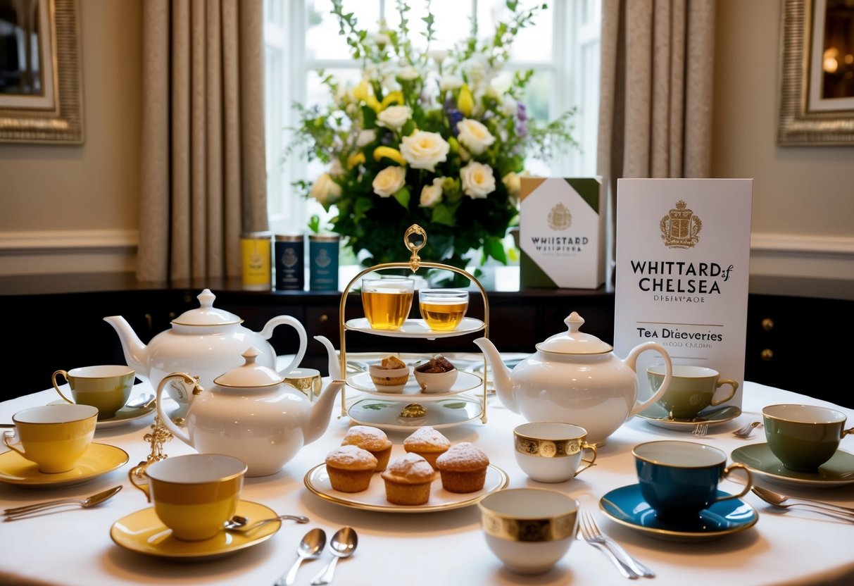 A table set with a variety of tea pots, cups, and pastries, surrounded by elegant decor and promotional signage for Whittard of Chelsea's Tea Discoveries Collection