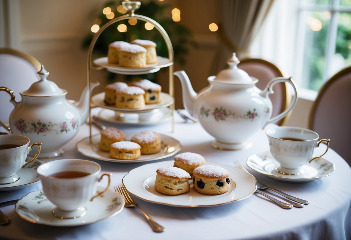 A table set with fine china, scones, and delicate pastries, surrounded by elegant teapots and cups