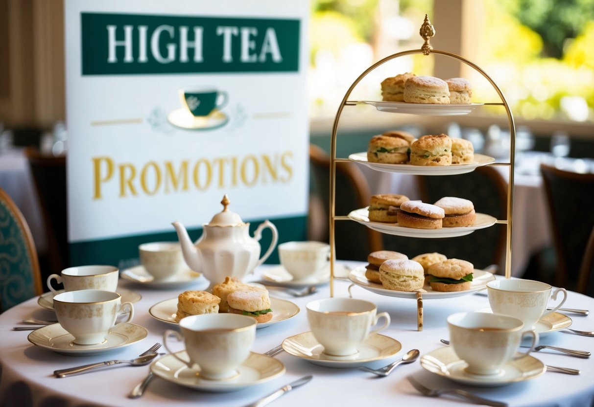 A table set with elegant teacups, saucers, and tiered trays of scones and finger sandwiches. A banner with "High Tea Promotions" hangs in the background