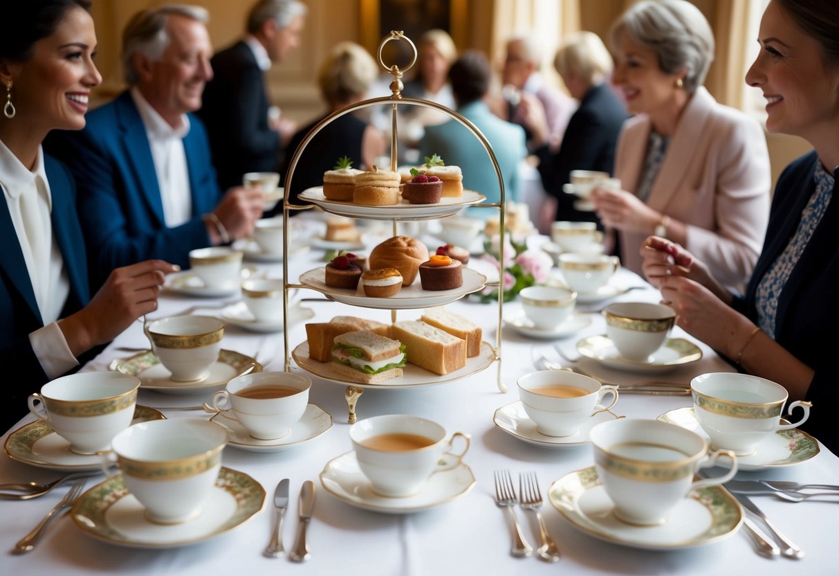 A table set with elegant teacups, saucers, and tiered trays of pastries and sandwiches, surrounded by people chatting and enjoying English high tea
