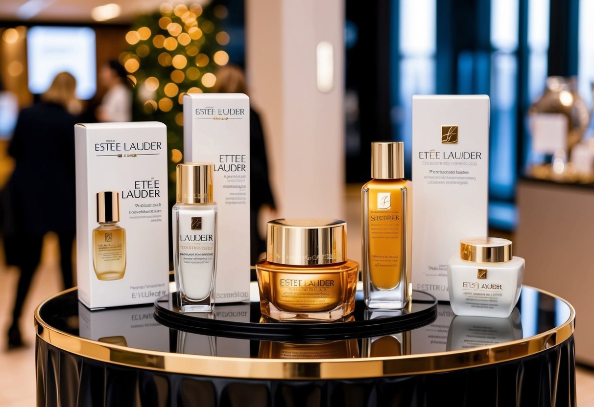 A display table showcasing Estée Lauder products with promotional signage and elegant packaging