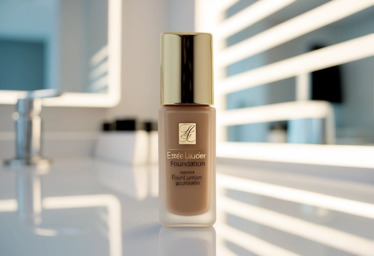 A sleek, minimalist bottle of Estée Lauder foundation stands on a clean, modern counter, surrounded by soft, flattering lighting