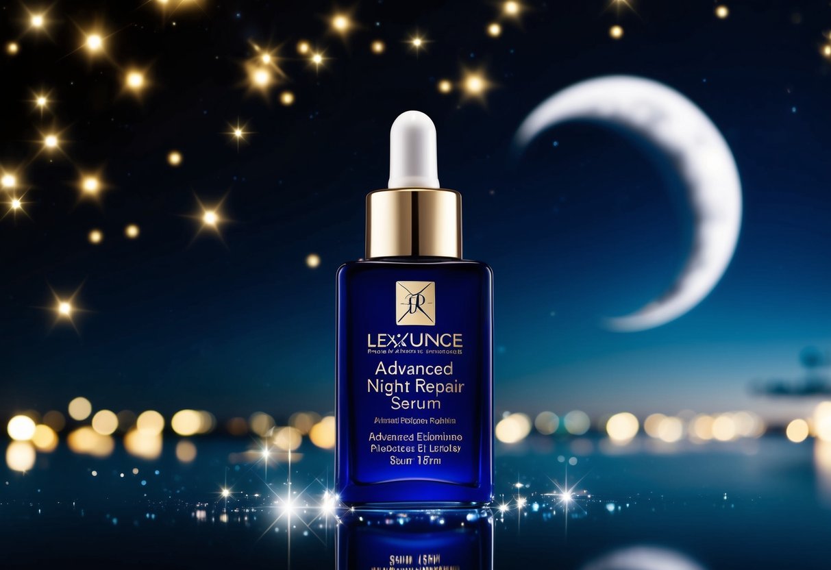 A luxurious bottle of 'Advanced Night Repair Serum' surrounded by twinkling stars and a crescent moon in the night sky