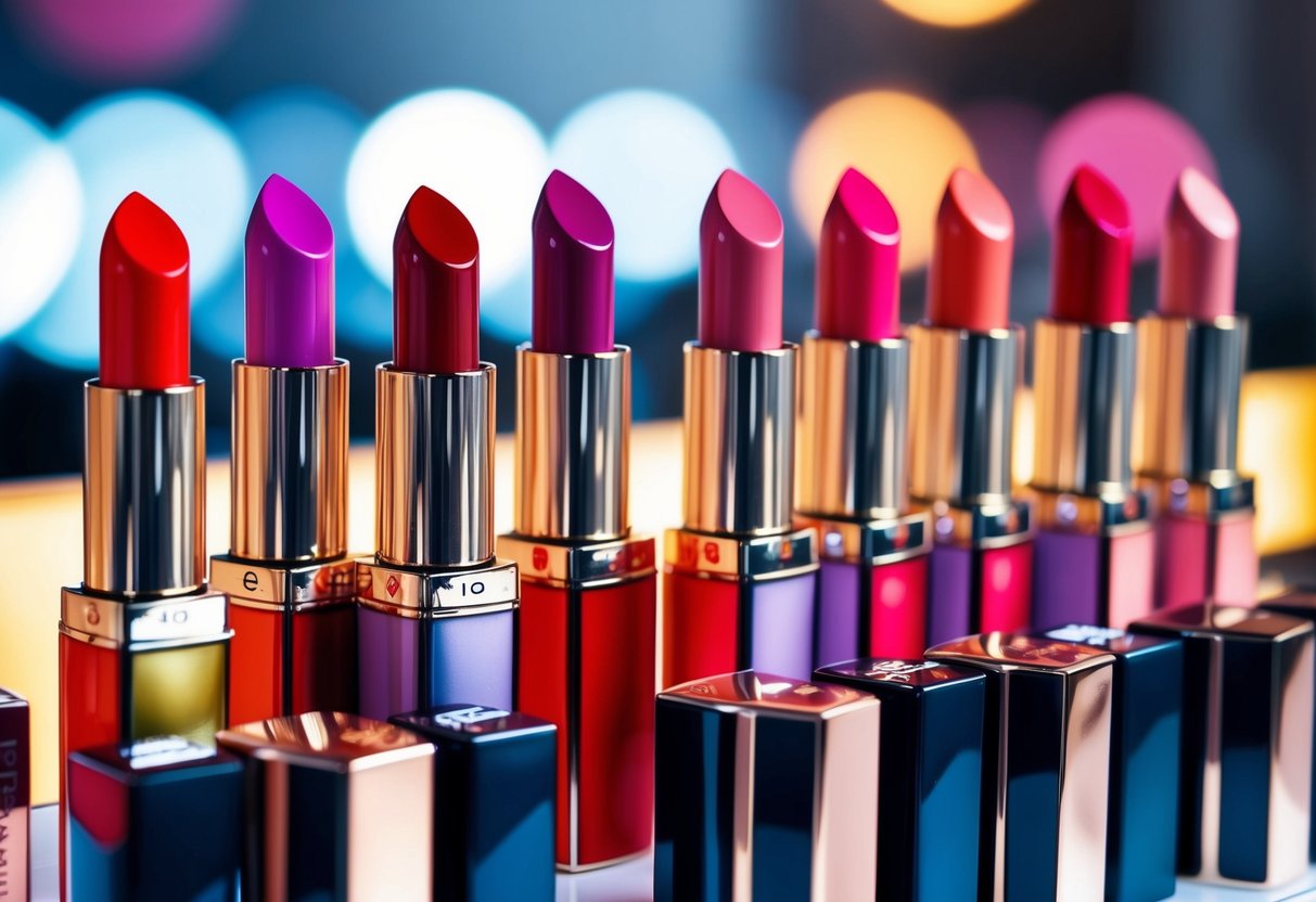 Vibrant lipstick tubes arranged in a gradient display, with bold colors and sleek packaging