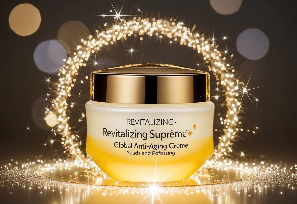 A glowing jar of 'Revitalizing Supreme+ Global Anti-Aging Creme' surrounded by radiant light and sparkles, exuding a sense of youth and vitality