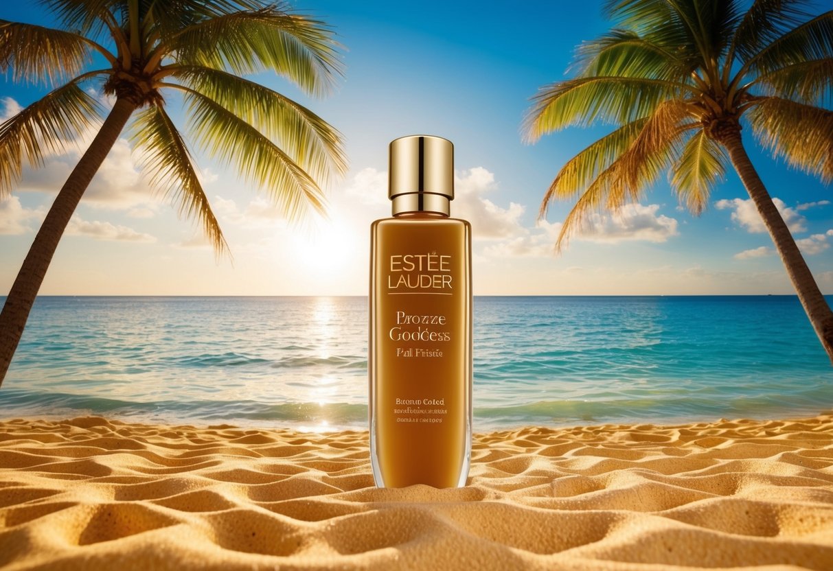 A sun-drenched beach with palm trees, azure waters, and golden sand, with a bottle of 'Bronze Goddess Eau Fraîche' by Estée Lauder placed in the center