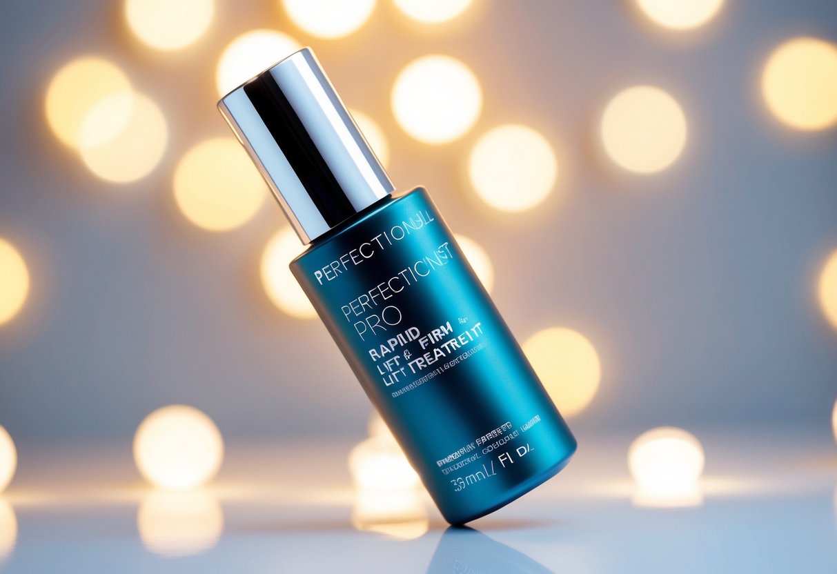 A sleek, modern bottle of 'Perfectionist Pro Rapid Firm + Lift Treatment' surrounded by soft, glowing light to emphasize its firming and lifting properties