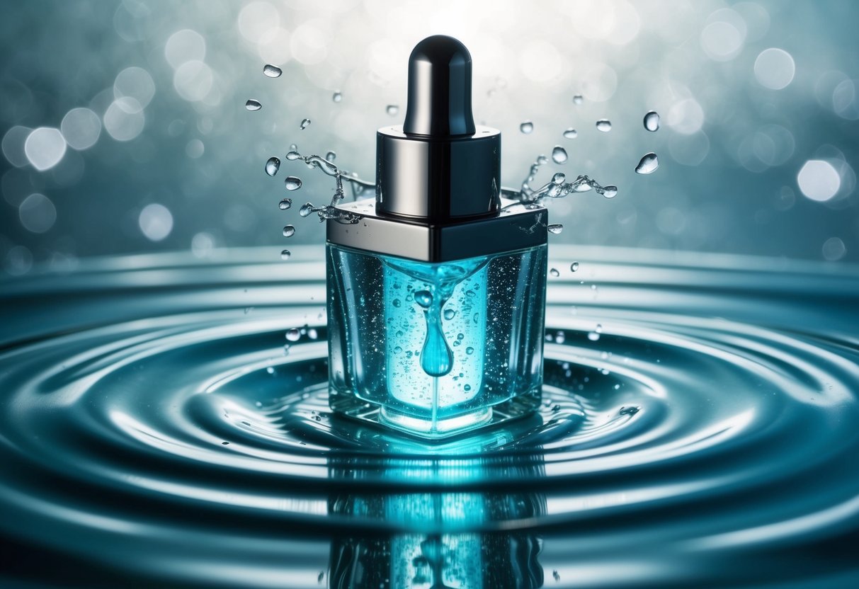A futuristic makeup bottle with water droplets and a radiant glow emanating from within, surrounded by a halo of moisture