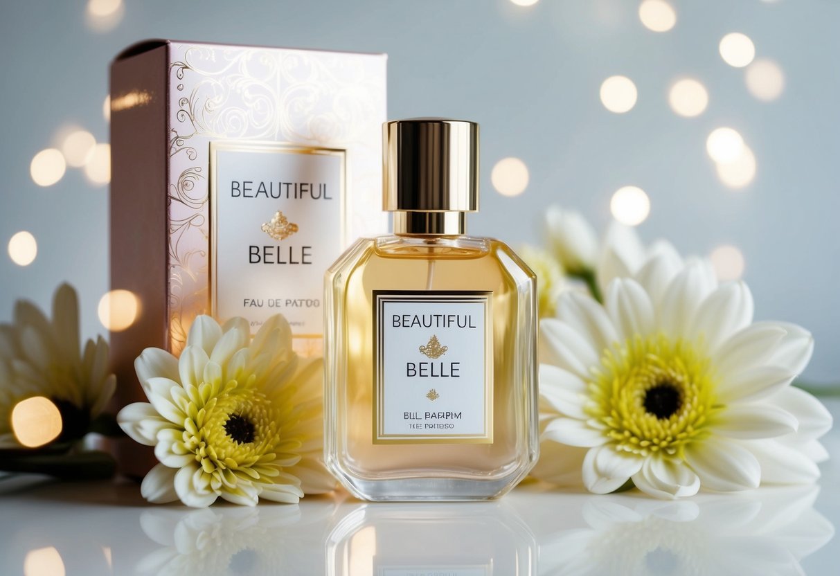 A sparkling bottle of 'Beautiful Belle Eau de Parfum' surrounded by delicate flowers and elegant packaging