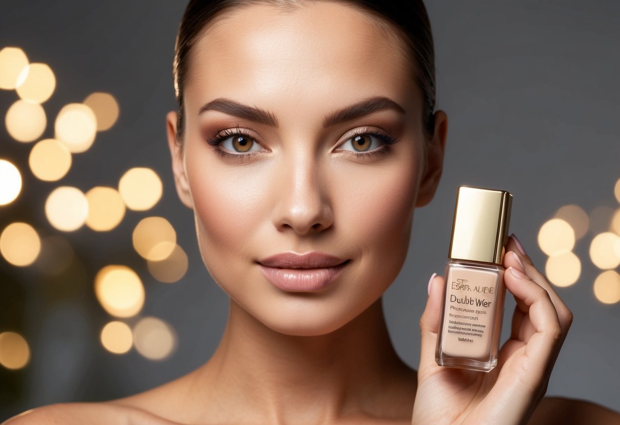 A radiant woman's face, flawless and glowing, with the Estée Lauder Double Wear Sheer Long-Wear Makeup SPF 19