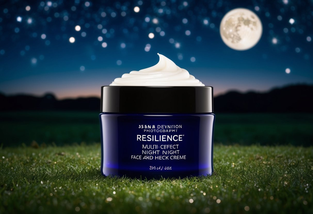 A serene night landscape with a glowing jar of Resilience Multi-Effect Night Face and Neck Creme, surrounded by stars and moonlight