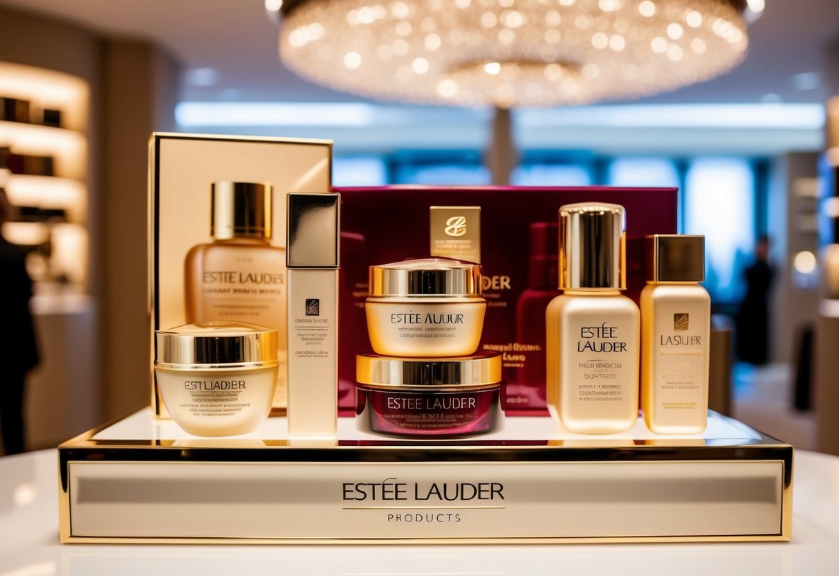 A luxurious display of Estée Lauder products with elegant packaging and promotional signage