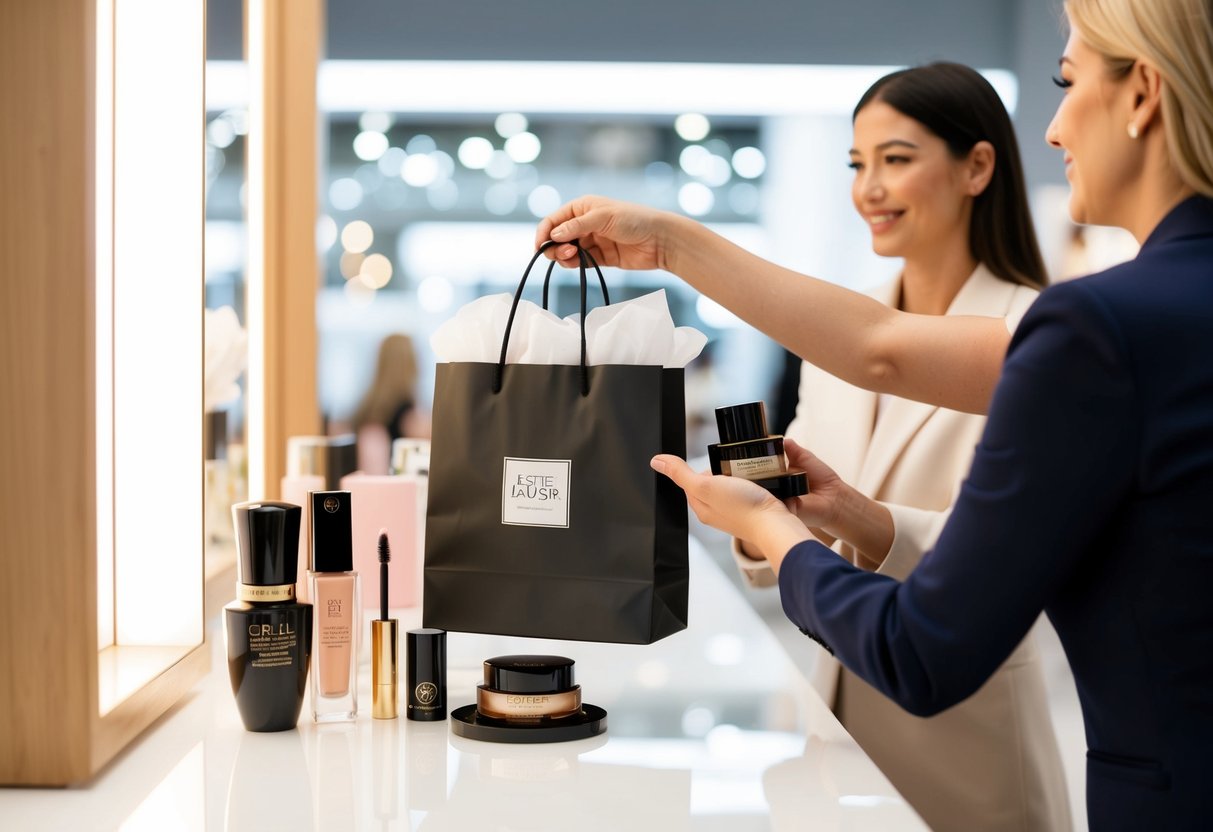 A customer receiving a gift bag filled with Estée Lauder products at a beauty counter