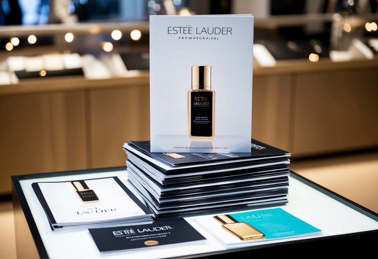 A stack of promotional materials for Estée Lauder, including brochures, flyers, and posters, neatly arranged on a display table