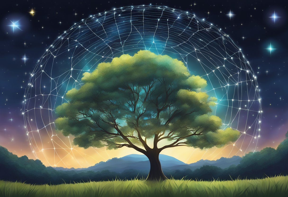 A serene, star-filled night sky over a tranquil meadow, with a glowing, interconnected web of energy connecting all living things