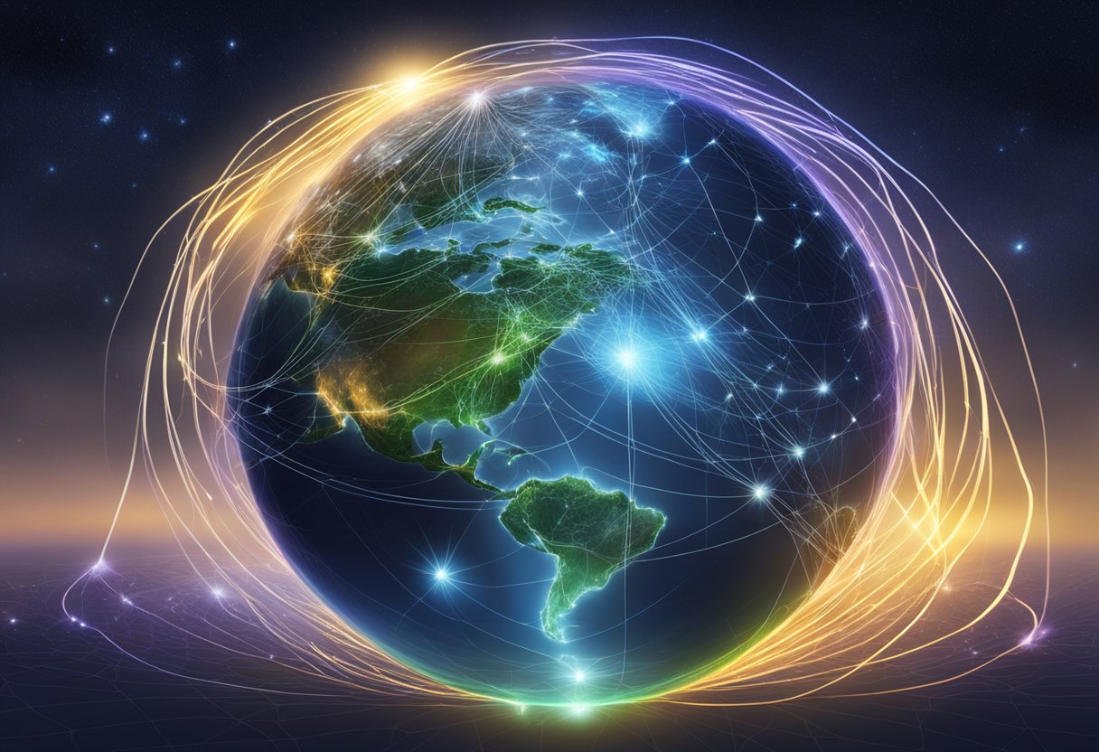 A glowing network of interconnected energy fields enveloping the Earth, reaching out to all living beings and connecting them to the Zero Point Field