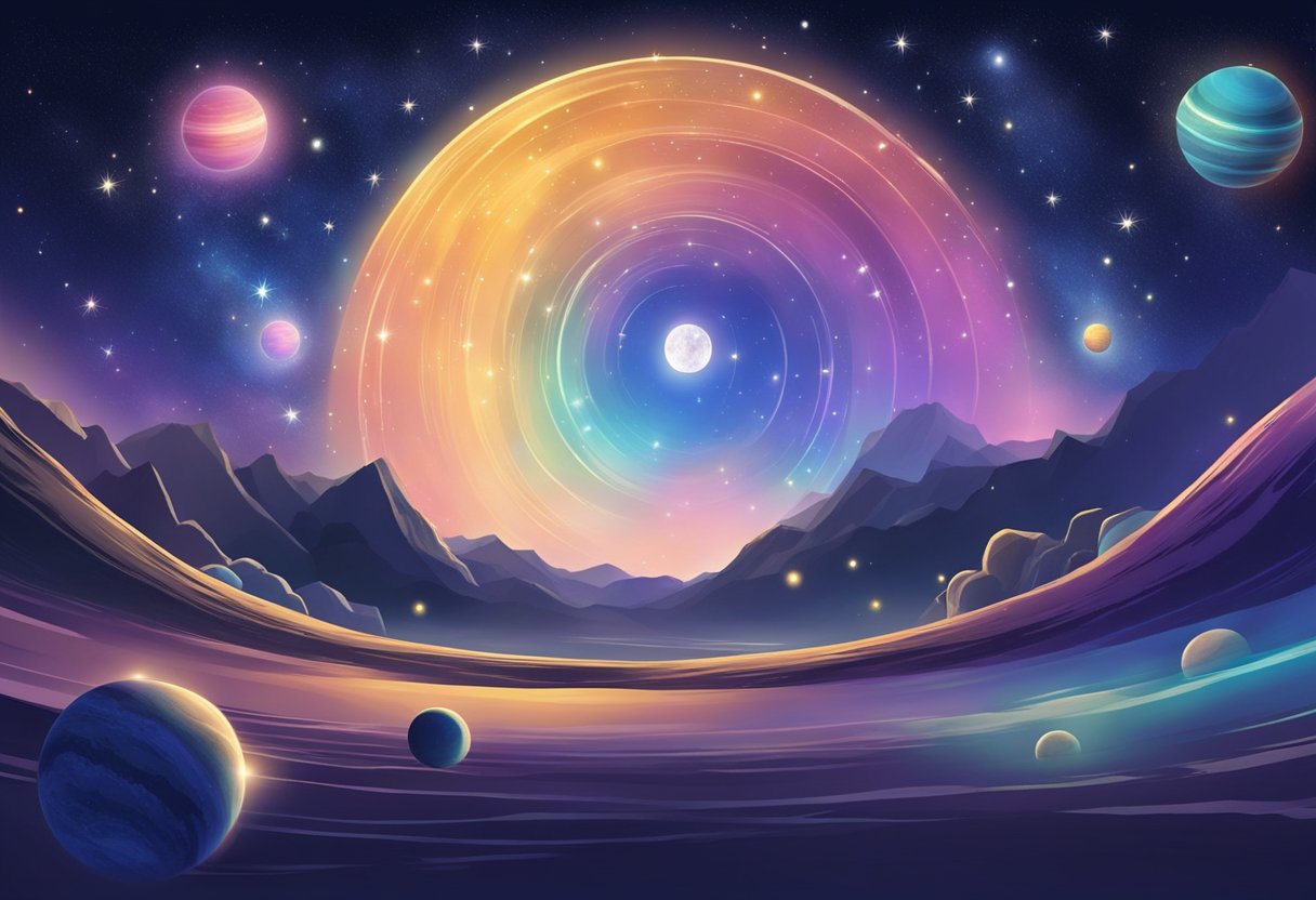 A panoramic view of the night sky with planets aligned in a celestial dance, surrounded by stars and cosmic dust