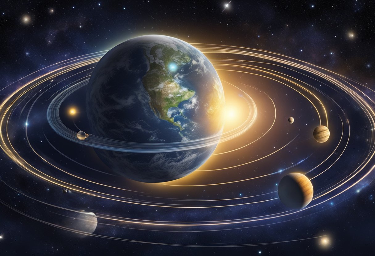 A celestial alignment of planets in a starry night sky, with the cosmic energy radiating outwards towards the earth