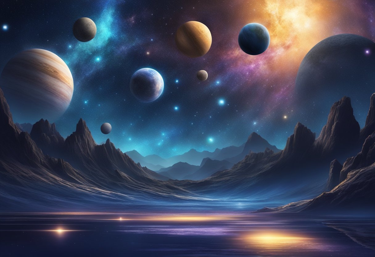 A dark, starry sky with planets aligning in a mesmerizing cosmic dance, radiating a powerful and mystical energy that impacts the surrounding environment
