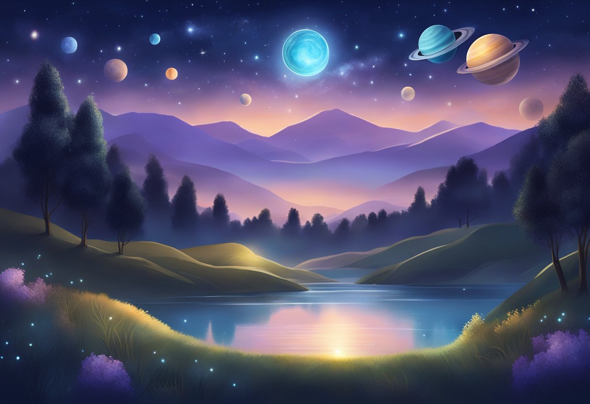 A serene night sky with planets aligning, casting a mystical glow on a tranquil landscape. Symbols of intention and goal-setting float in the air