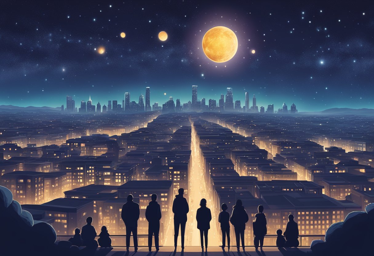 A night sky with aligned planets casting a radiant glow over a city, as people gaze up in wonder and contemplation