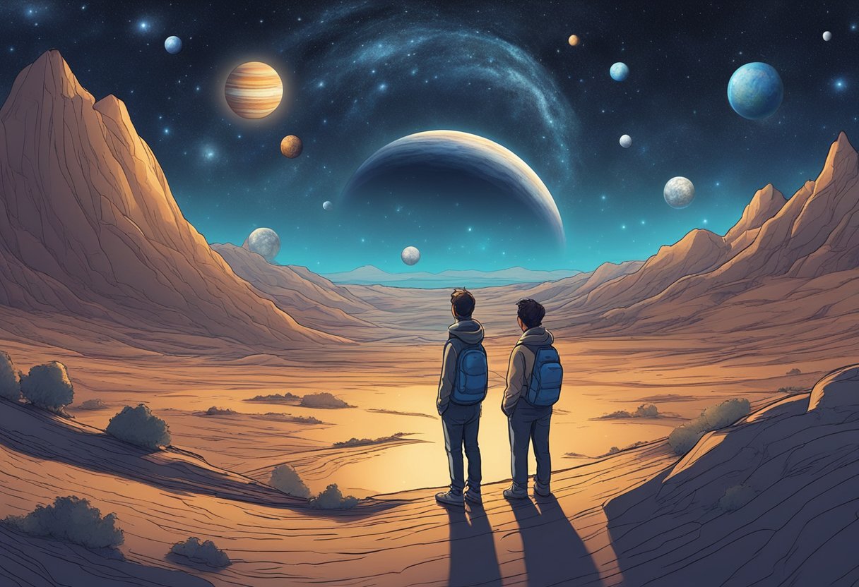 A night sky with planets aligned, casting a glow on Earth. A figure gazes up, pondering the cosmic impact