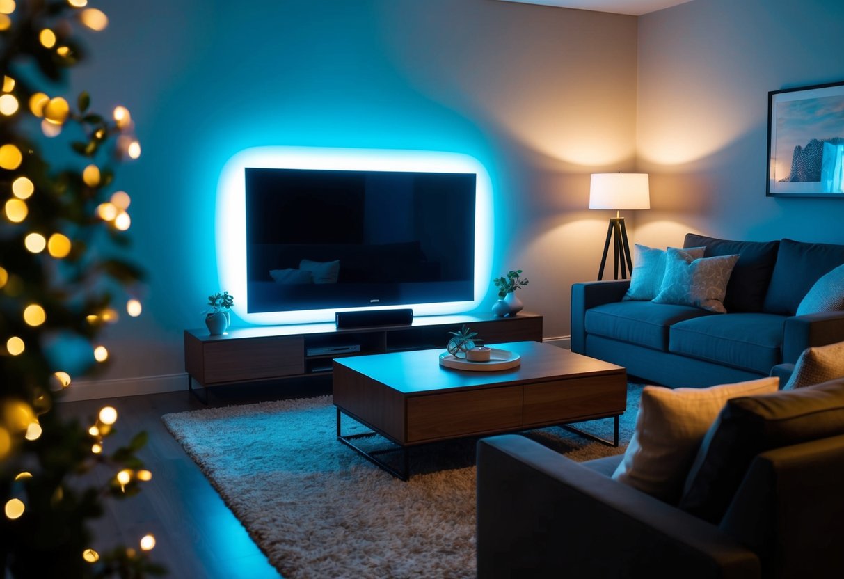 A living room with a Philips Ambilight OLED706 smart TV prominently displayed, surrounded by cozy furniture and soft lighting