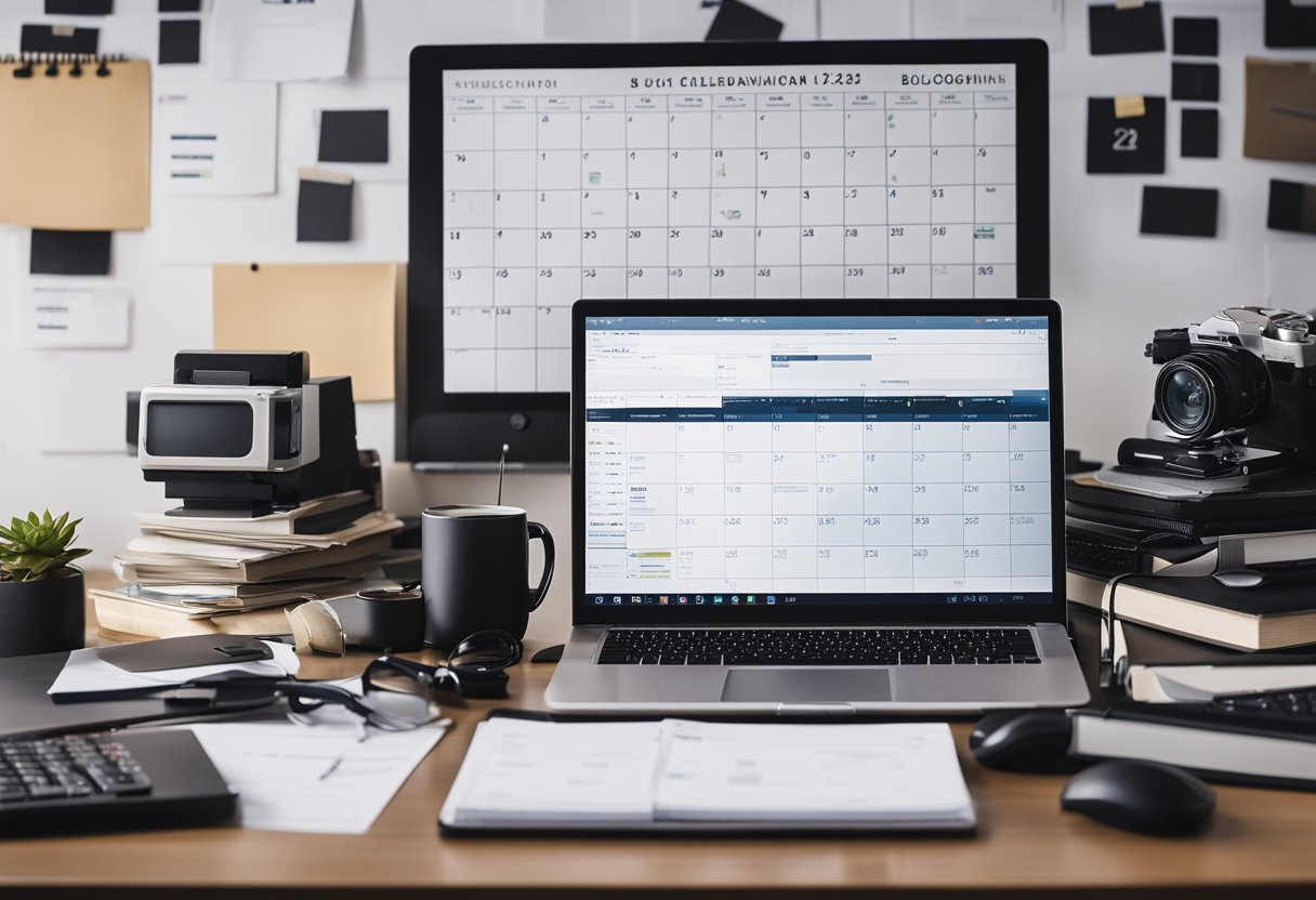 A busy desk with a computer, notebooks, and various research materials scattered around, with a calendar showing multiple dates marked for blogging