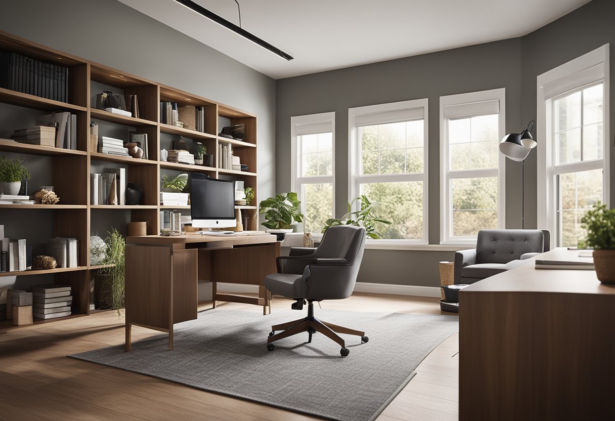 A modern, spacious home office with a sleek desk, computer, and a shelf of books. The room is filled with natural light from large windows, creating a warm and inviting atmosphere