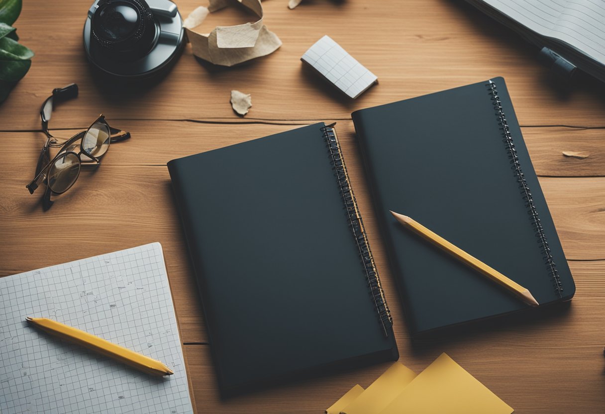 A notebook with a pencil next to it, surrounded by scattered brainstorming notes and crumpled paper