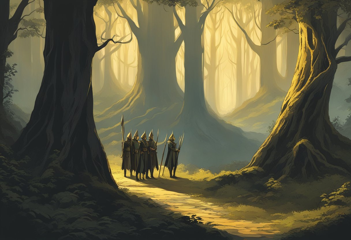 Elves stand in a forest clearing, bathed in golden light while dark shadows loom in the background. The contrast symbolizes their resistance to Sauron's corruption