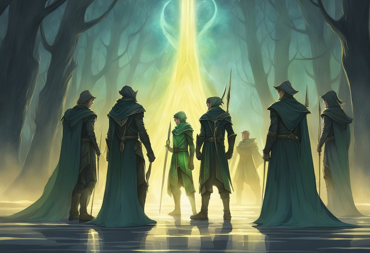 A group of elves stand tall and resolute, surrounded by a glowing aura of light, as they face off against a dark, shadowy figure looming in the background