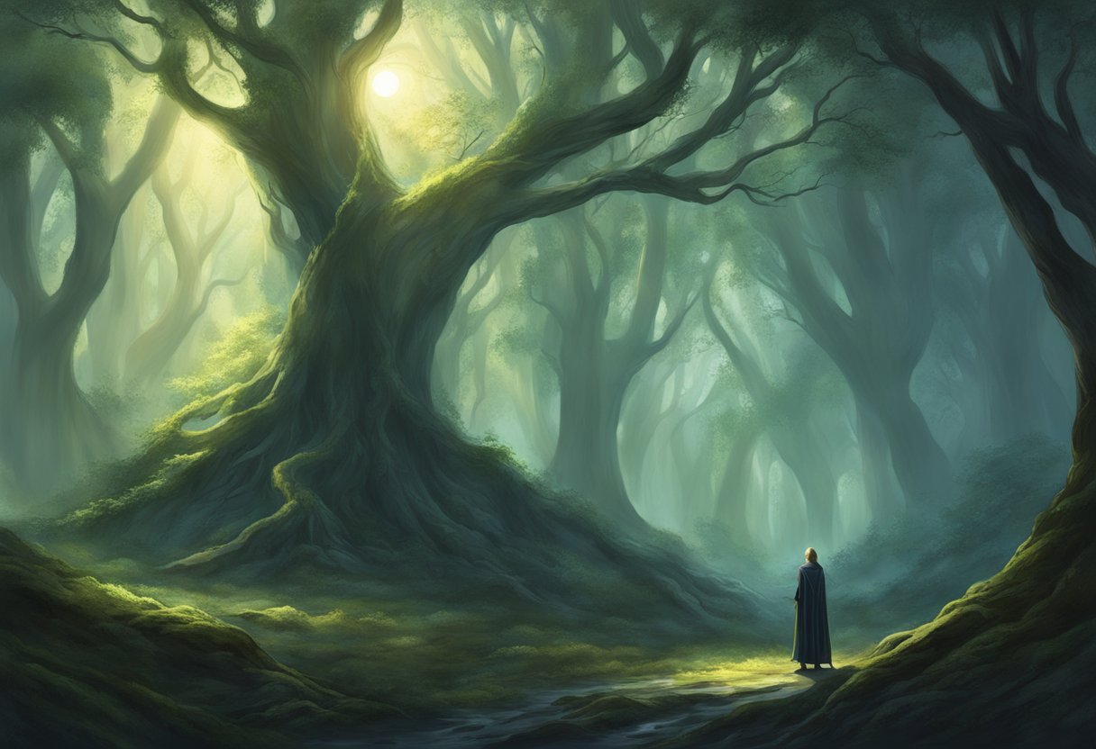 Elven forest bathed in ethereal light, with a lone figure standing tall, resisting the pull of a dark, malevolent force emanating from a sinister ring