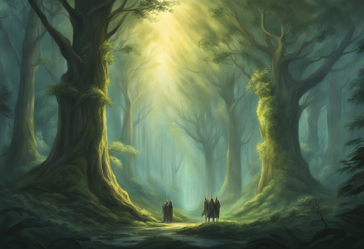 A serene forest glows with ethereal light as Elven warriors stand tall, resisting the encroaching darkness of Sauron's corruption