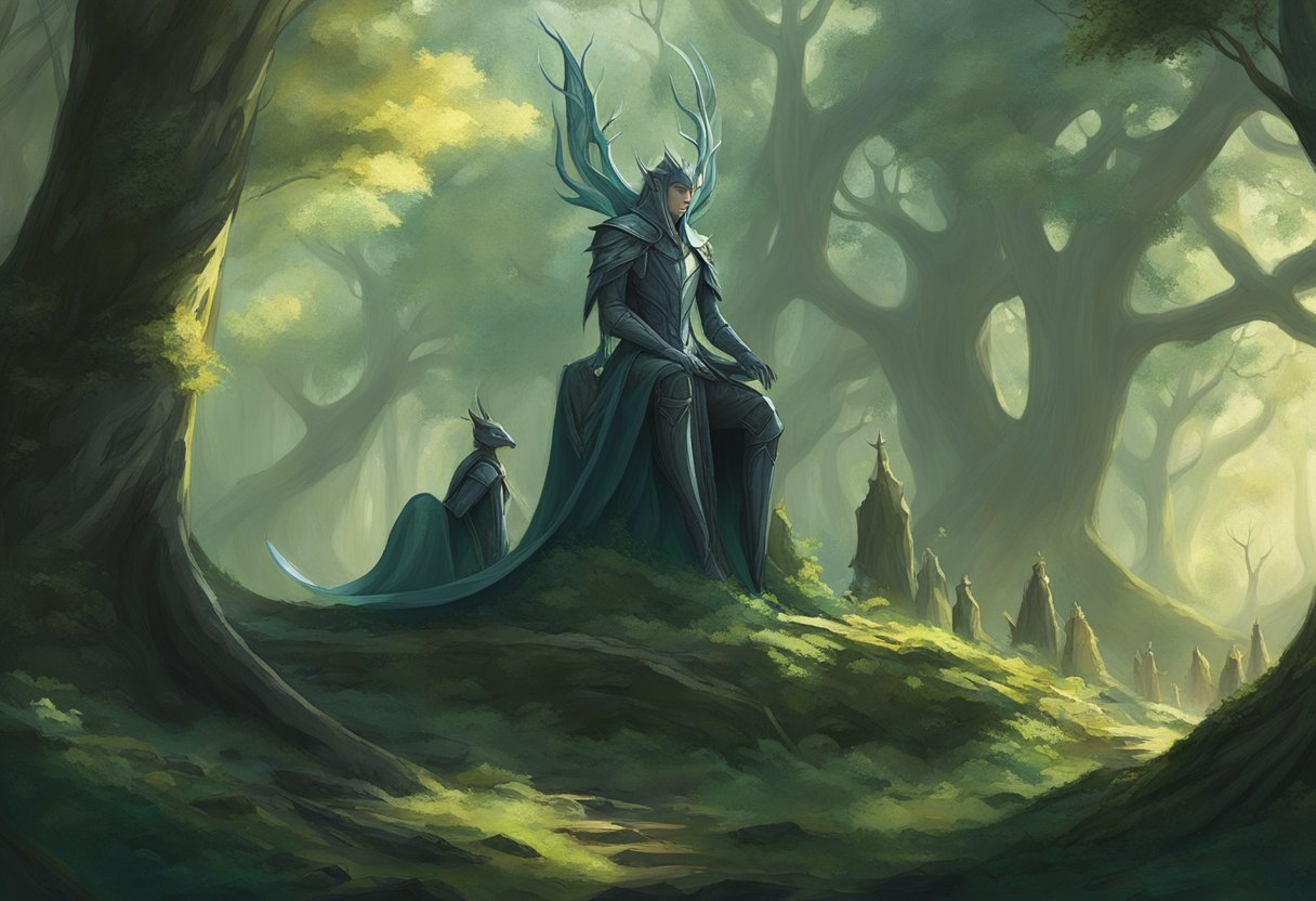 The elves stand tall and proud in a lush forest, surrounded by dappled light and deep shadows. Their ethereal beauty and serene expressions convey their resistance to the corrupting influence of Sauron