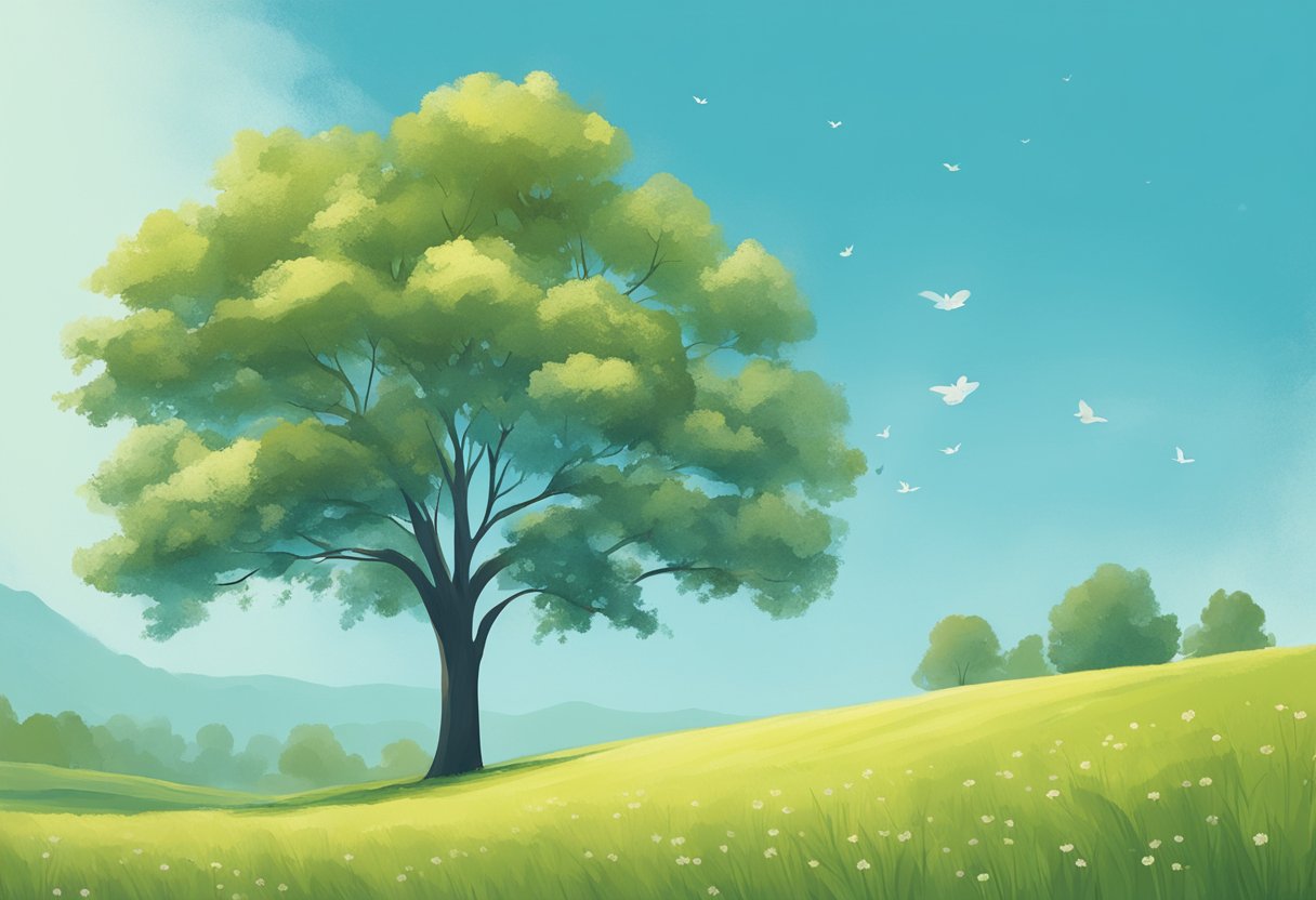 A serene scene of a tree standing tall in a tranquil meadow, with a clear blue sky and a gentle breeze
