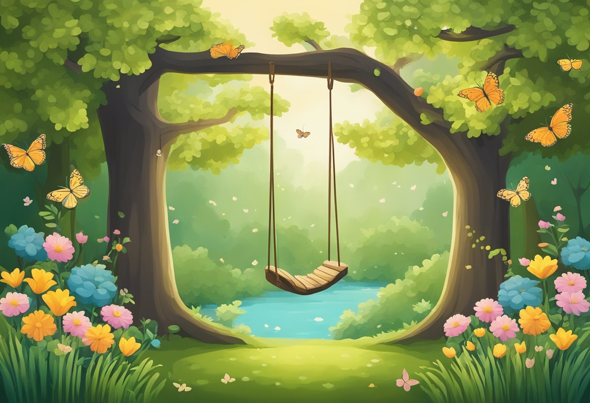 A serene garden with a tree and a swing, surrounded by flowers and butterflies