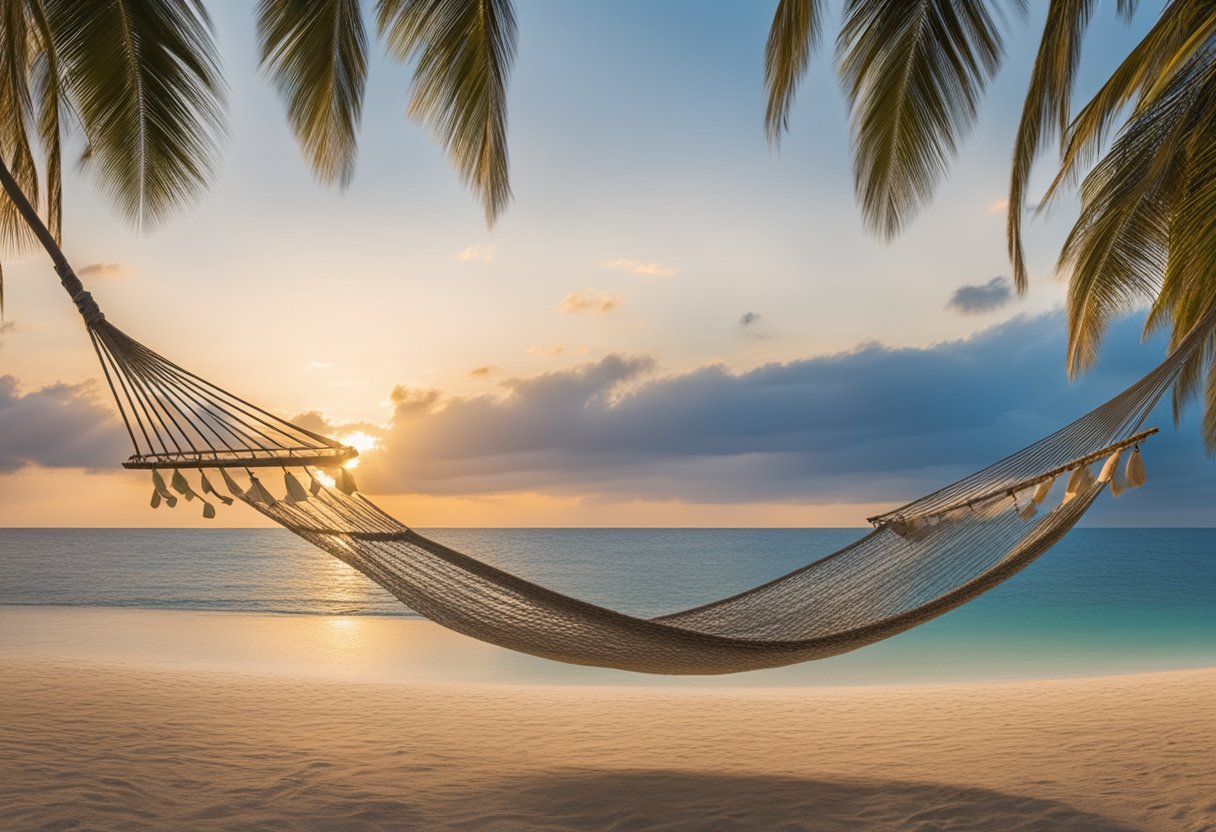 A serene beach at sunset, with a hammock swaying between two palm trees and a calm ocean in the background