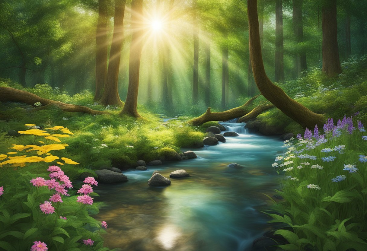 A serene, secluded forest clearing with a bubbling stream, surrounded by lush greenery and colorful wildflowers. Sunlight filters through the canopy, creating a peaceful and calming atmosphere