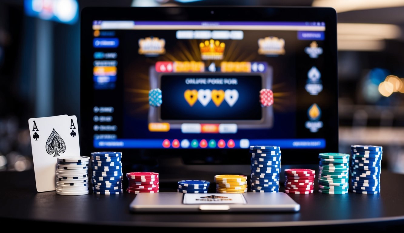 Sekelompok chip poker, kartu, dan layar komputer yang menampilkan permainan poker online