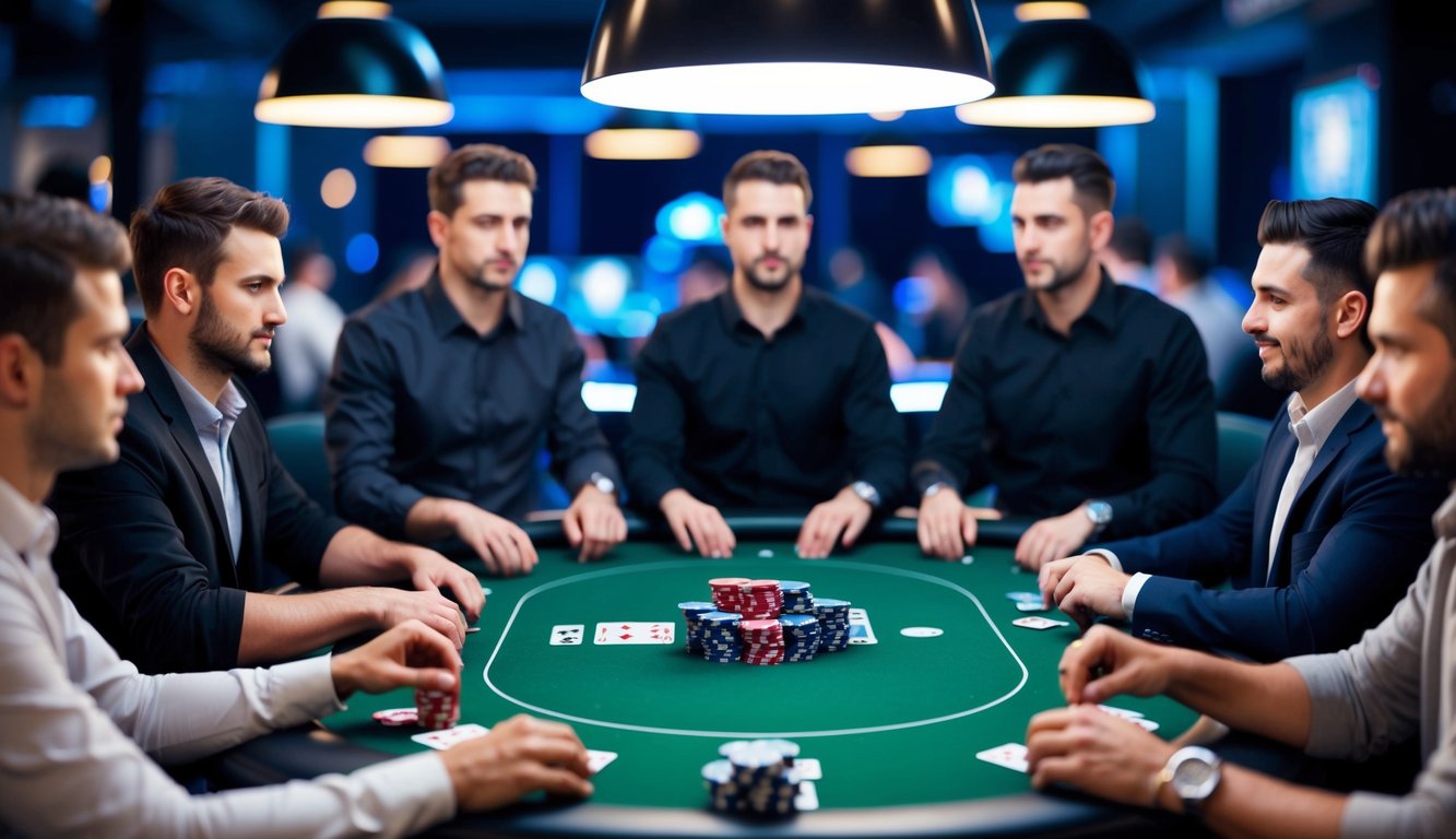 Sekelompok pemain poker virtual berkumpul di sekitar meja digital, avatar mereka menampilkan berbagai ekspresi poker saat mereka bermain Texas Hold'em secara online.