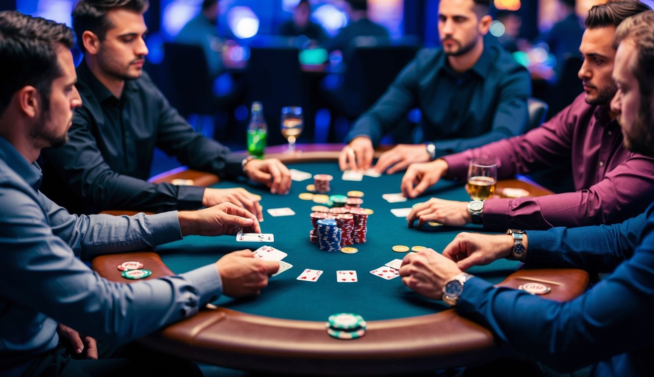 Sekelompok pemain poker duduk di sekitar meja, masing-masing dengan selembar kartu. Chip dan minuman tersebar di seluruh meja, menciptakan suasana yang tegang dan kompetitif.