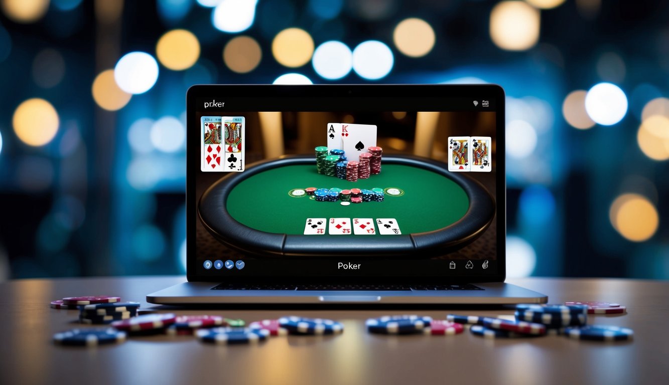 Sebuah layar digital menampilkan meja poker virtual dengan kartu dan chip, dikelilingi oleh antarmuka yang ramping dan modern